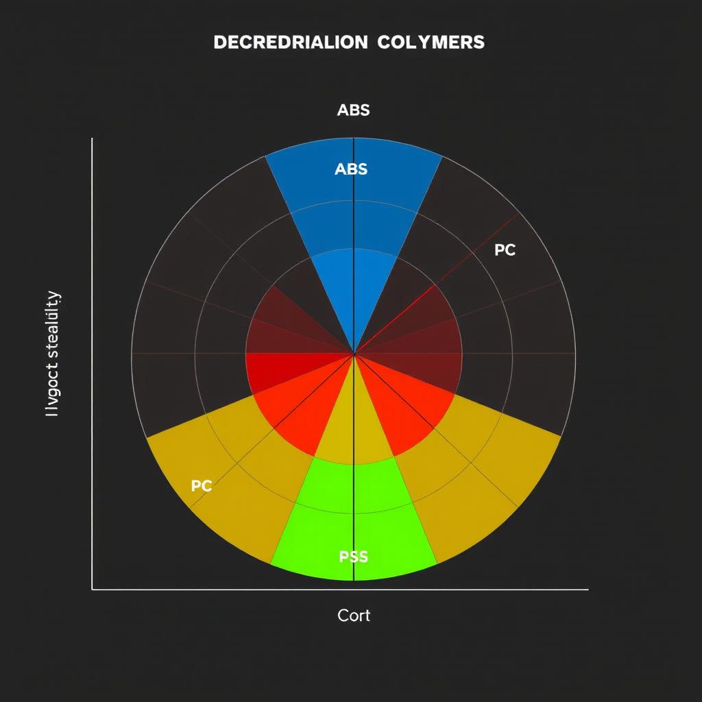 A radar chart illustrating the comparative degradation rates of different polymers, specifically focusing on UV resistance, thermal stability, impact strength, and cost for ABS, PC, and PS polymers