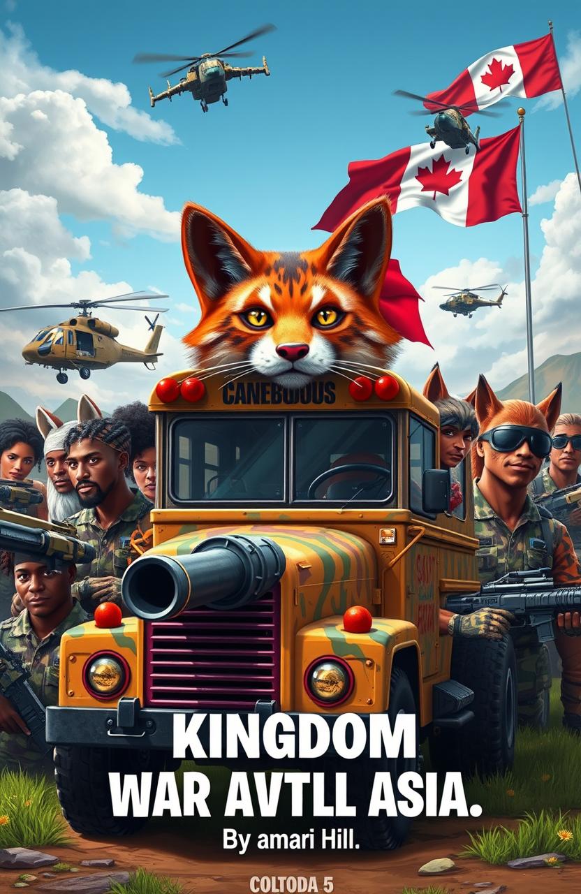 A vibrant and imaginative scene depicting the 'Kitty Kat Kingdom', a fictional African and Canadian influenced country