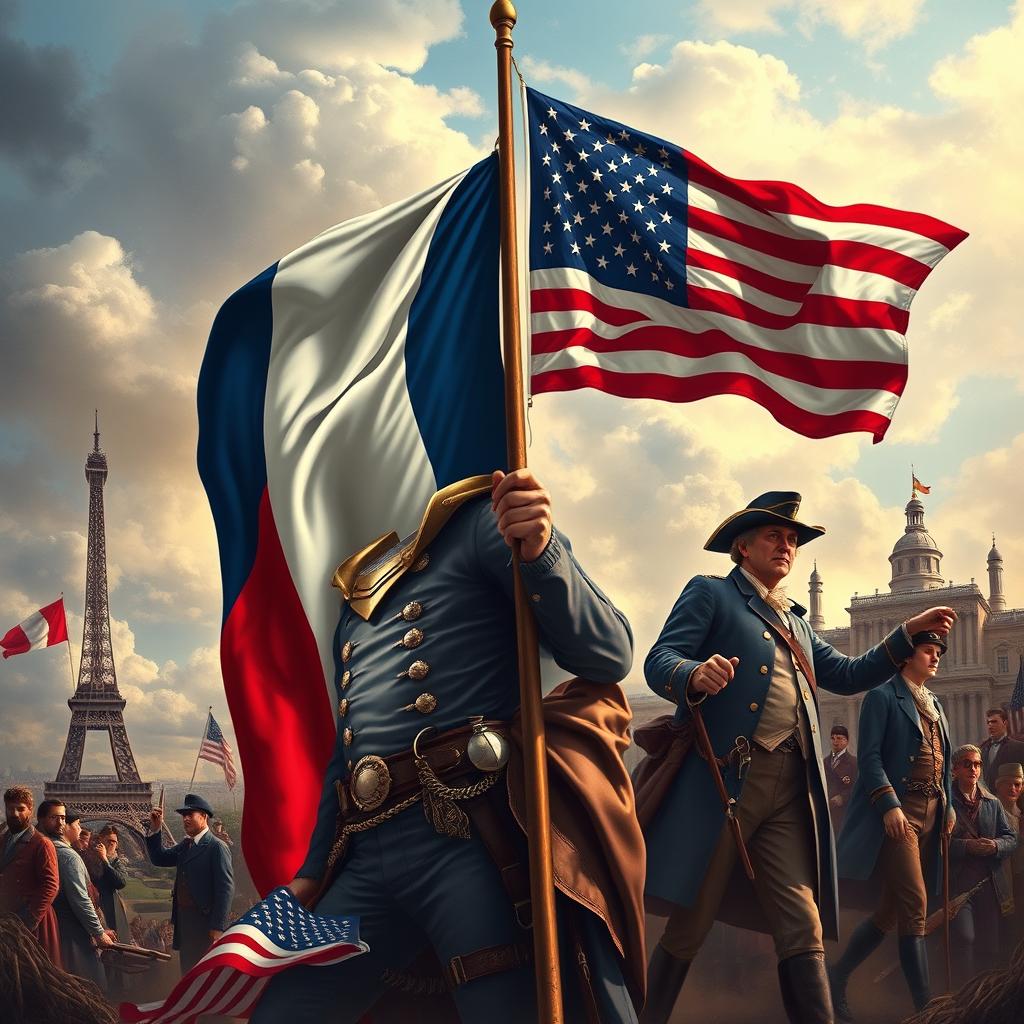 An intricate depiction of the essence of both the French and American Revolutions combined into one unified image