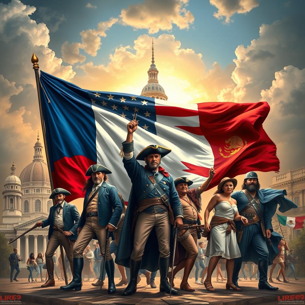 An artistic representation combining the essence of the French, American, and Latin American Revolutions into one powerful image