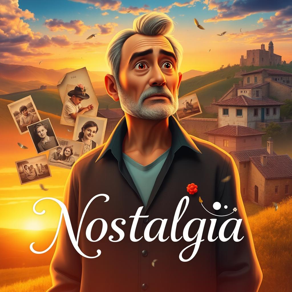 An alternative animated poster for the Italian movie 'Nostalgia' (2022), featuring a vibrant color palette with dreamy landscapes