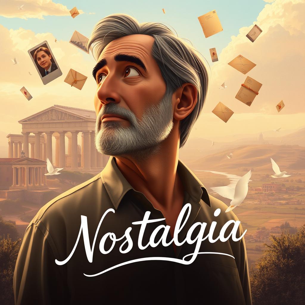 An alternative animated poster for the Italian movie 'Nostalgia' (2022), featuring a stylized depiction of the protagonist, a middle-aged man, gazing thoughtfully into the distance