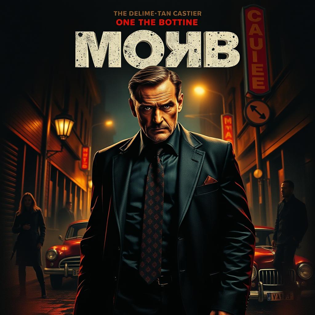 A gritty and intense poster for a mob movie, featuring a central character, a rugged mob boss in a tailored suit with a confident and menacing expression