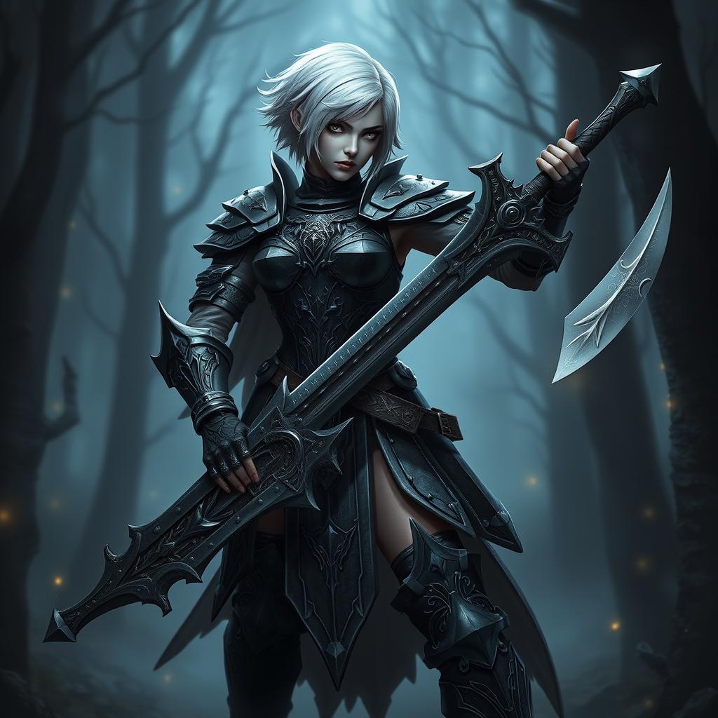 A powerful Dhampir female warrior standing confidently, wielding a large greatsword