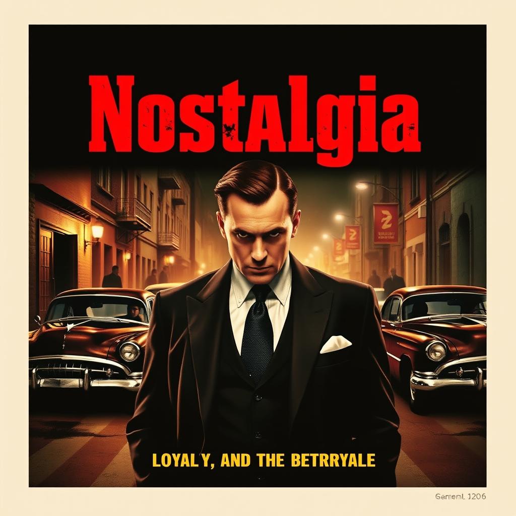A striking poster for a mob movie titled 'Nostalgia,' featuring a formidable mob boss at the center, dressed in a sharp, dark suit with a confident and contemplative expression