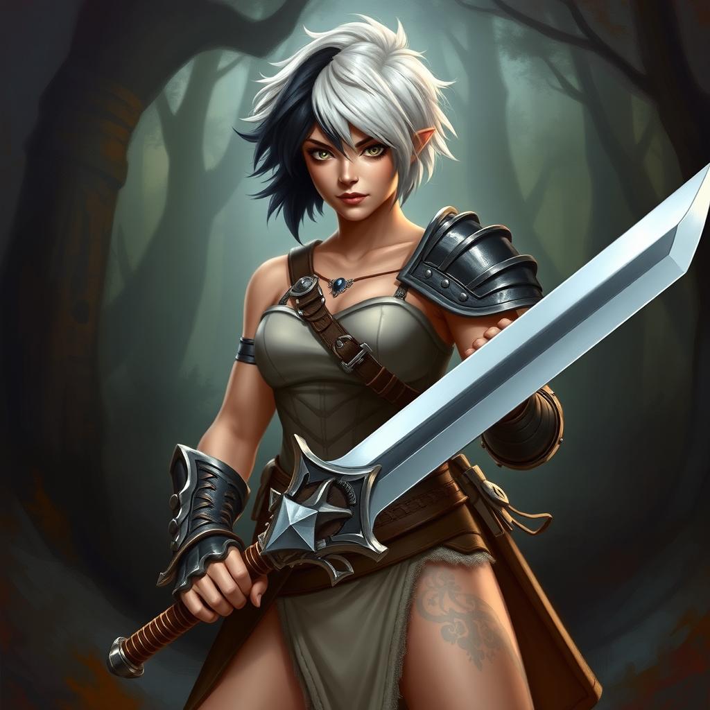 A powerful Dhampir female warrior standing confidently with a greatsword in hand