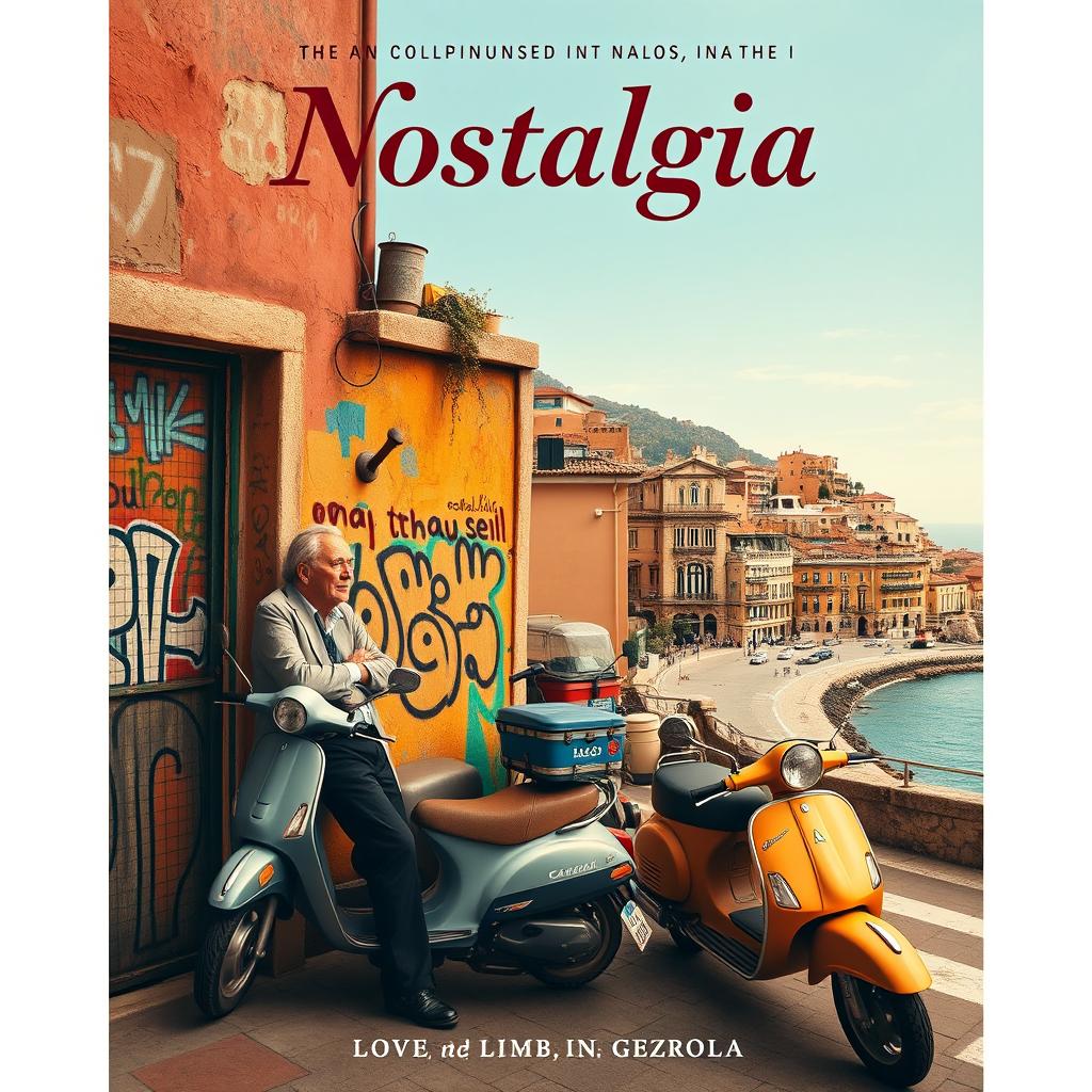 A nostalgic poster for a mob movie titled 'Nostalgia,' set in the picturesque streets of Naples