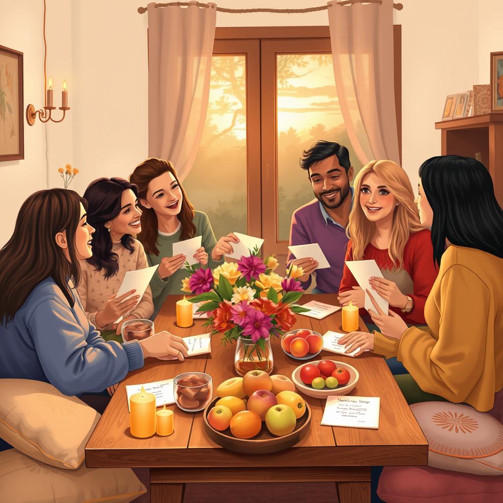 A warm and inviting scene illustrating a group of friends gathered in a cozy home environment, sharing a moment of gratitude
