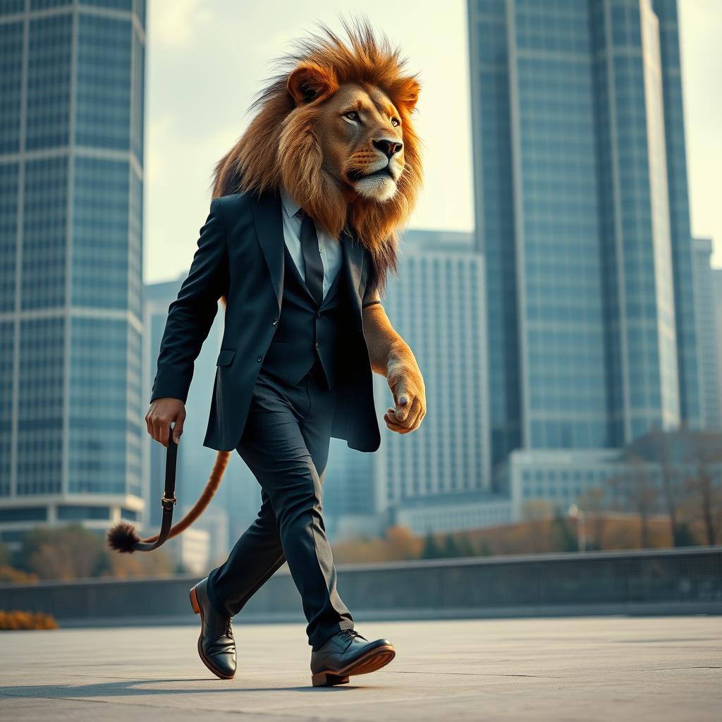 A man wearing a tailored black suit, striding confidently alongside a massive lion that walks upright like a human