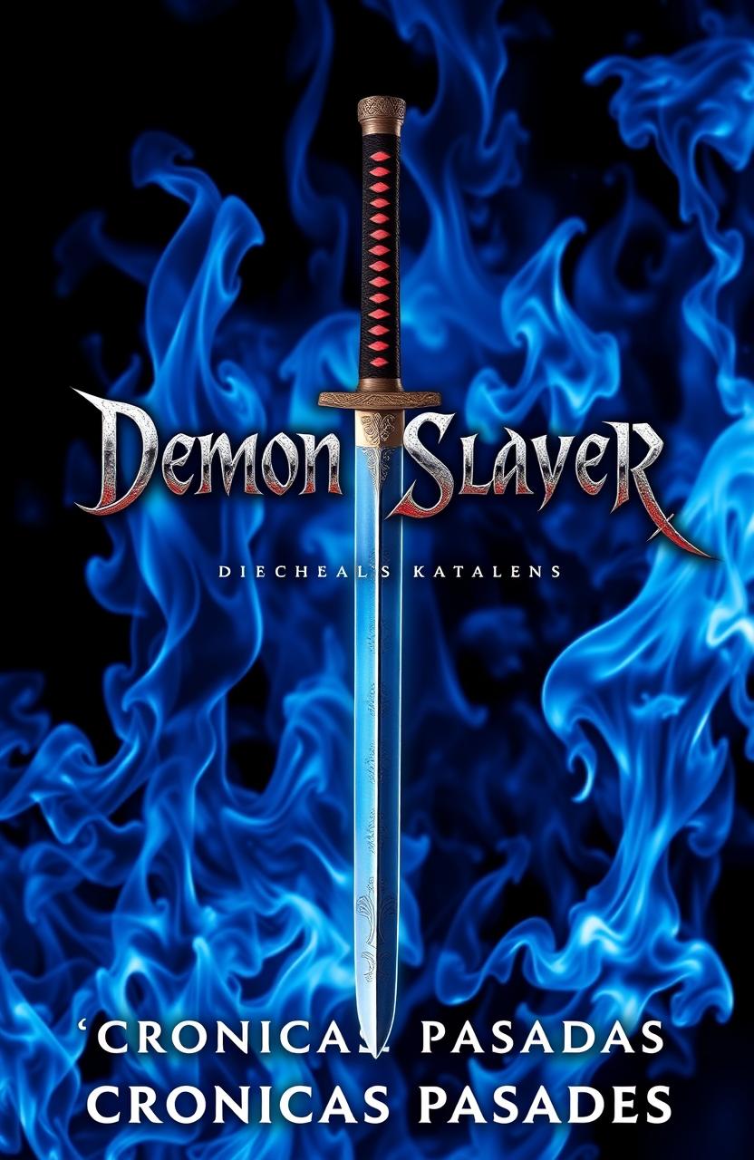 A striking image featuring a double-edged katana positioned prominently in the center, surrounded by an intense blue flame background