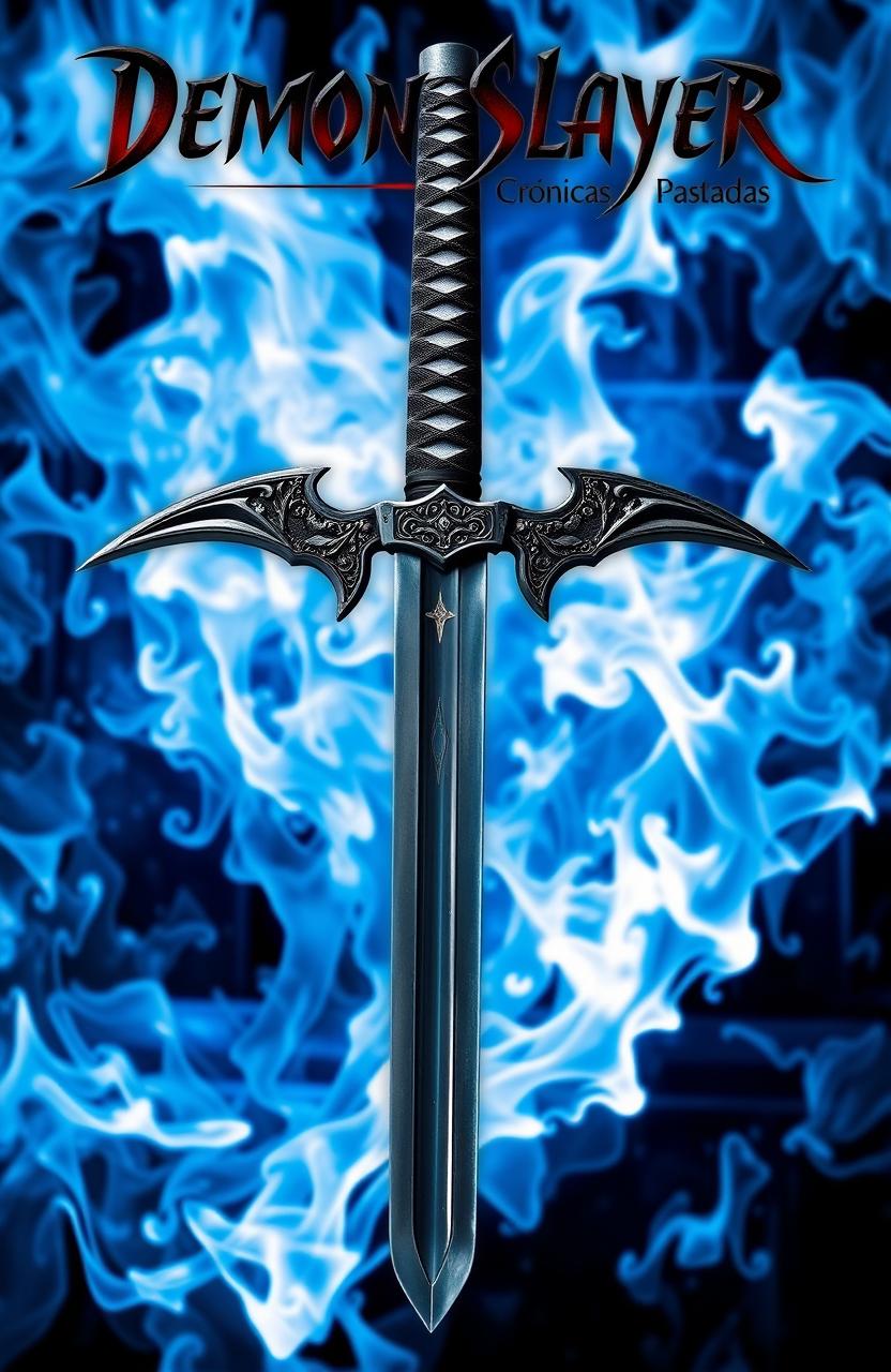 A striking image featuring a beautifully crafted katana with dual edges at both ends, centered against a mesmerizing background of blue flames