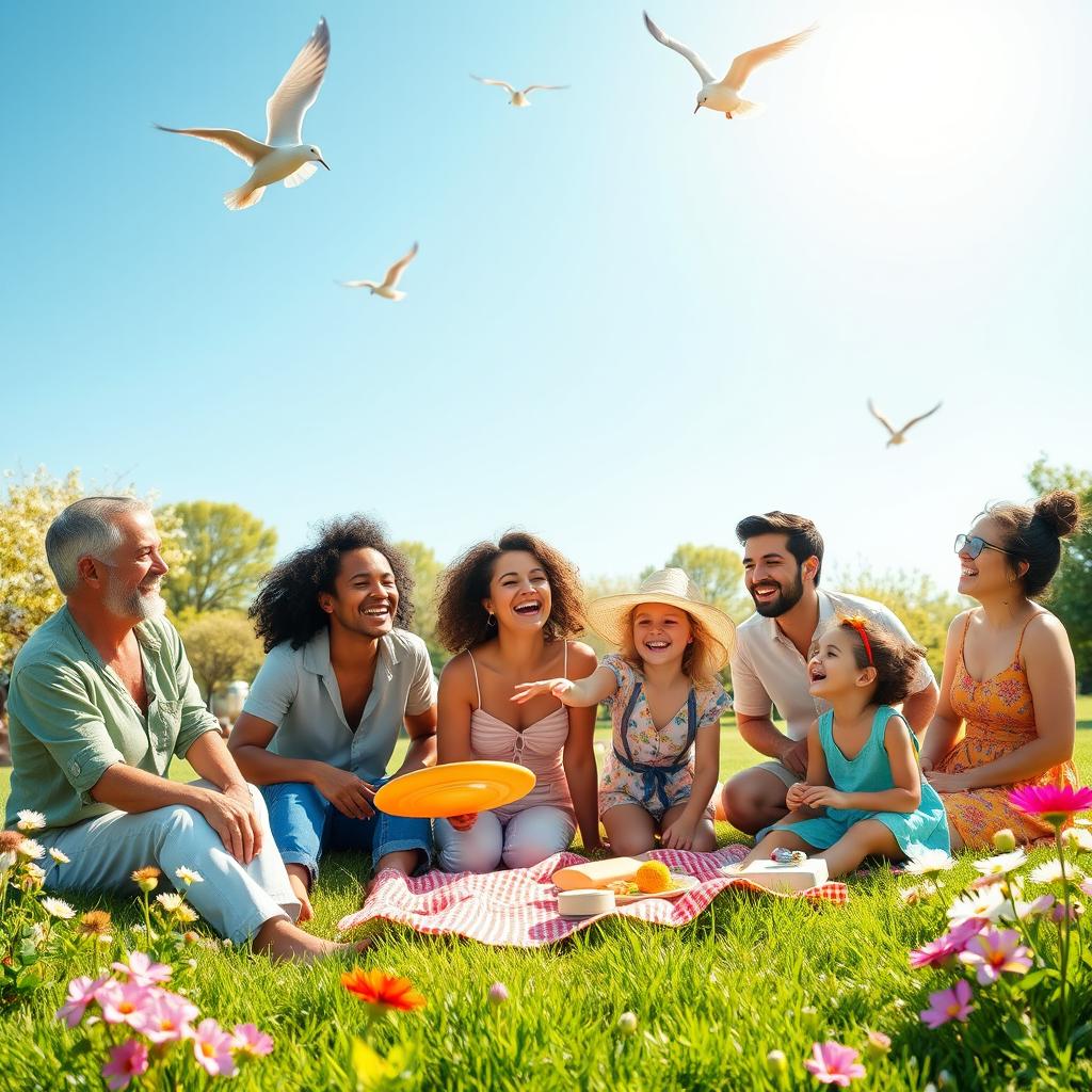 A vibrant and joyful scene depicting happiness, featuring a group of diverse adults and children laughing together in a sunlit park