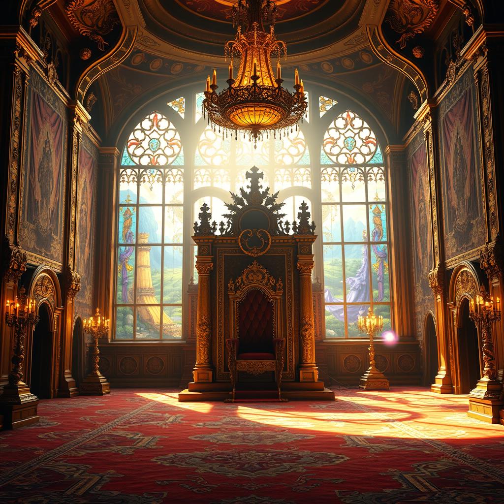A grand royal throne room adorned with intricate tapestries and lavish decorations, featuring a majestic throne at its center, illuminated by soft, warm light