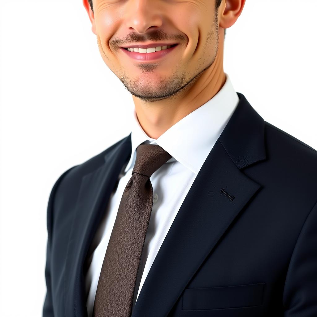 A portrait of a male subject in a formal setting, wearing a well-fitted dark suit, a crisp white shirt, and a stylish tie
