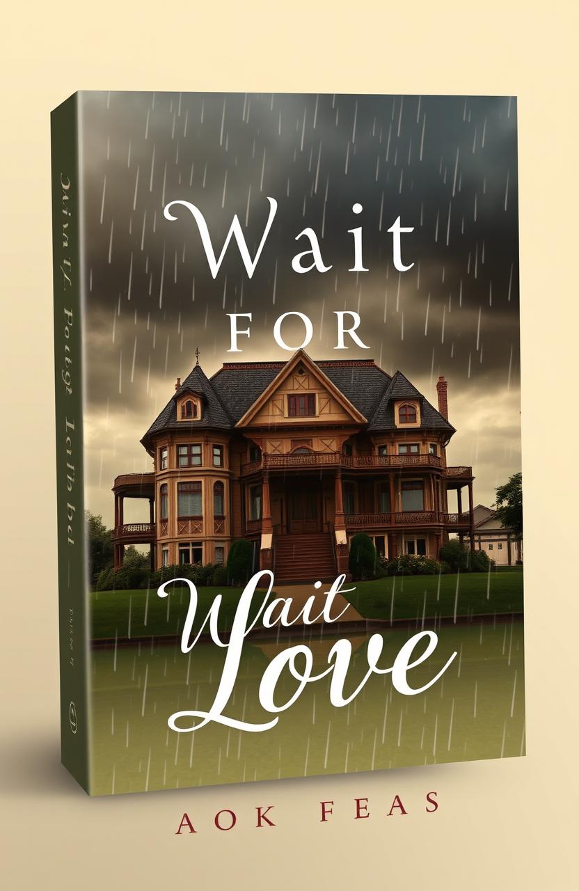 A book cover design titled 'Wait for Love', featuring a large, beautiful house set against a backdrop of rain