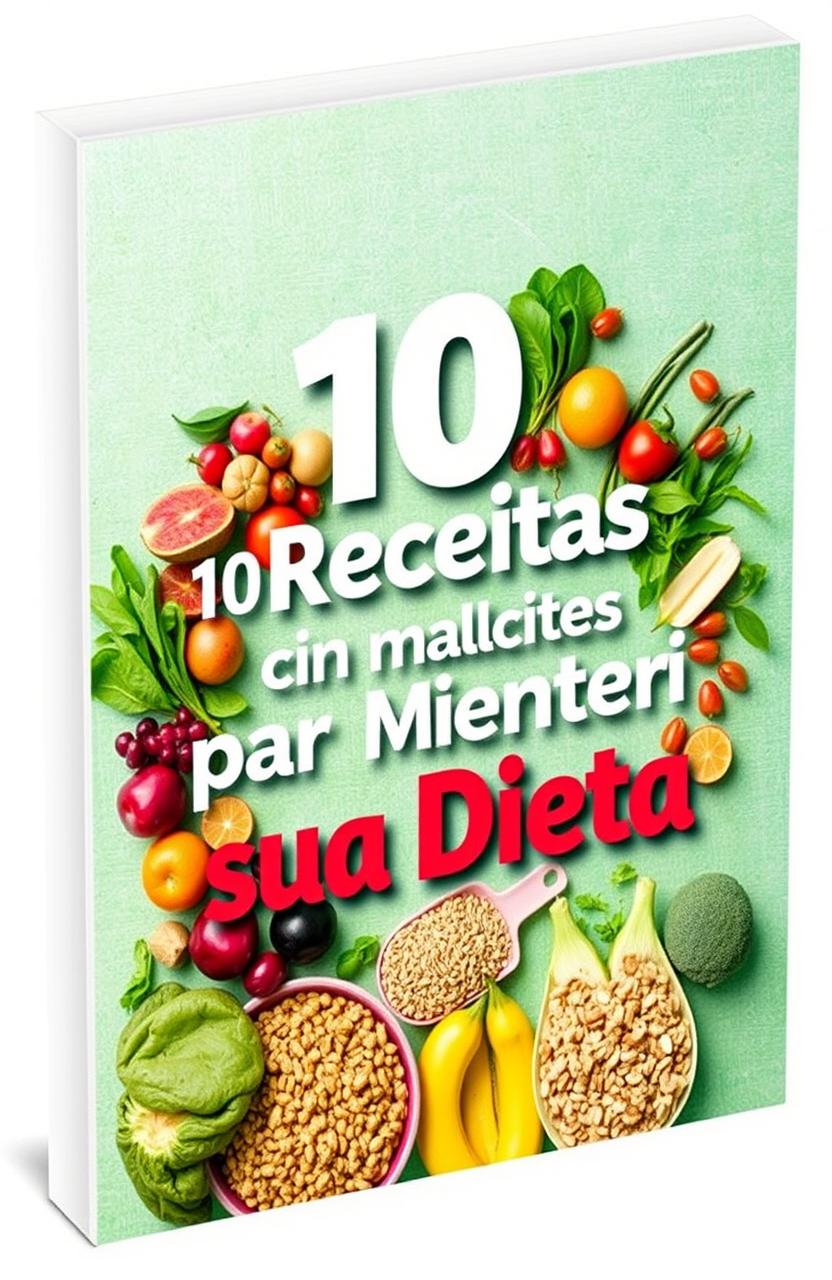 A colorful and appealing eBook cover titled '10 Receitas para Manter sua Dieta', featuring a variety of healthy foods like fresh fruits, vegetables, and whole grains, artistically arranged around the title