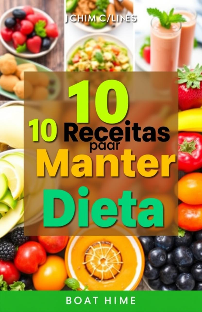 A captivating eBook cover titled '10 Receitas para Manter sua Dieta' featuring a beautiful and colorful array of fresh fruits and vegetables elegantly arranged