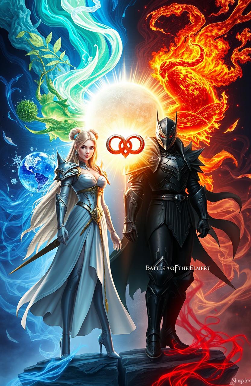 A fantastical scene titled 'Battle of the Elements' by SimpleandSimpler, featuring a dynamic composition with the elements of water, fire, nature, and air surrounding a radiant aether in the center, which represents the combination of light and dark