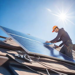 A person skillfully installing a solar panel on a sunny day with a clear blue sky, rooftops, and tools around.