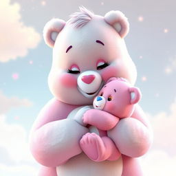 A loving mother Care Bear tenderly holding her baby Care Bear in her arms, both showcasing soft and fluffy fur in bright pastel colors, exuding heartwarming expressions
