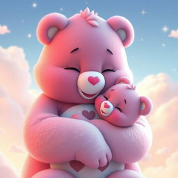 A loving mother Care Bear tenderly holding her baby Care Bear in her arms, both showcasing soft and fluffy fur in bright pastel colors, exuding heartwarming expressions