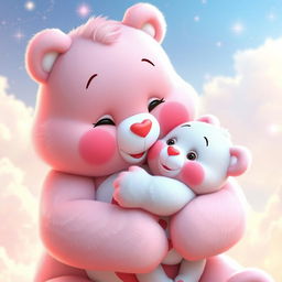 A loving mother Care Bear tenderly holding her baby Care Bear in her arms, both showcasing soft and fluffy fur in bright pastel colors, exuding heartwarming expressions