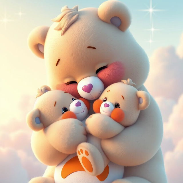 A loving mother Care Bear tenderly holding her baby Care Bear in her arms, both showcasing soft and fluffy fur in bright pastel colors, exuding heartwarming expressions