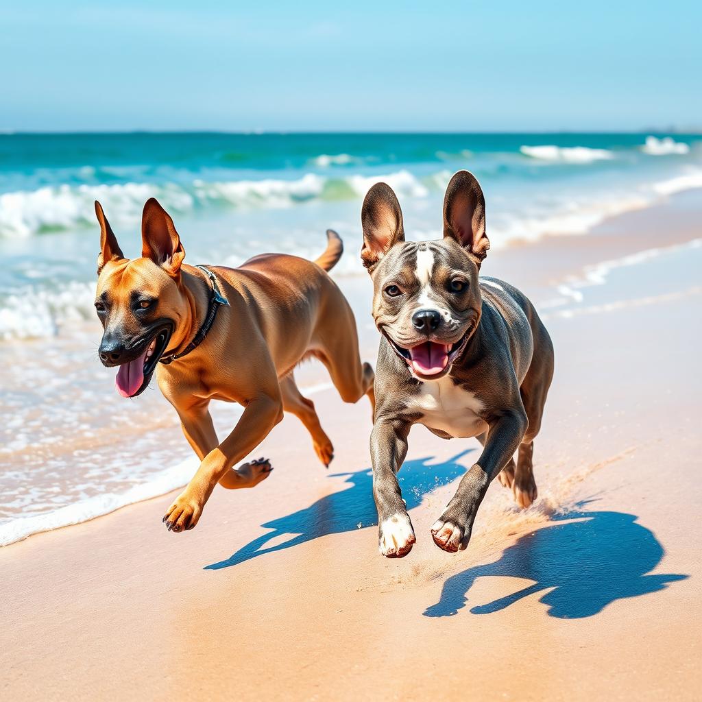 A vibrant scene depicting a Belgian Malinois and a gray and white Blumerle French Bulldog happily running on a sunny seashore