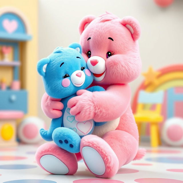 A full-body image of a pink Care Bear tenderly holding a blue Care Bear, ensuring all limbs of both characters are visible