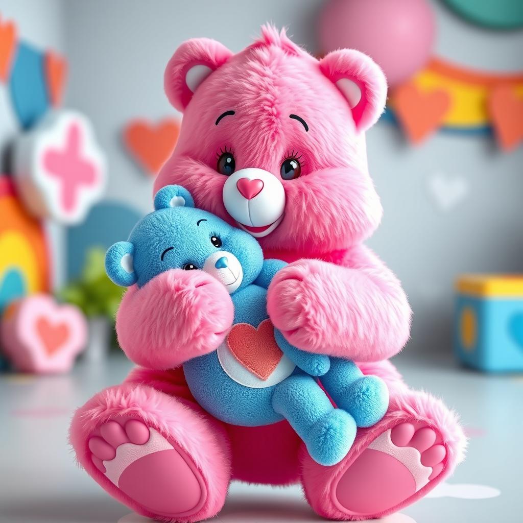 A full-body image of a pink Care Bear tenderly holding a blue Care Bear, ensuring all limbs of both characters are visible