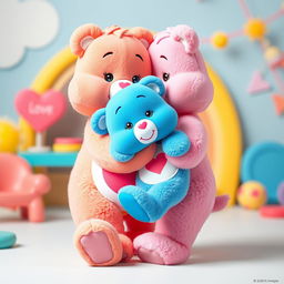 A full-body image of a pink Care Bear tenderly holding a blue Care Bear, ensuring all limbs of both characters are visible