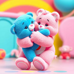 A full-body image of a pink Care Bear tenderly holding a blue Care Bear, ensuring all limbs of both characters are visible