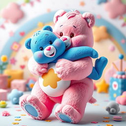 A full-body image of a pink Care Bear joyfully holding a blue Care Bear, ensuring all limbs of both characters are visible