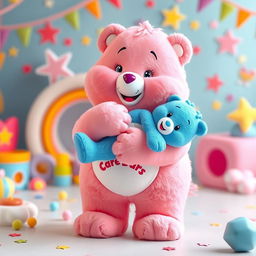 A full-body image of a pink Care Bear joyfully holding a blue Care Bear, ensuring all limbs of both characters are visible