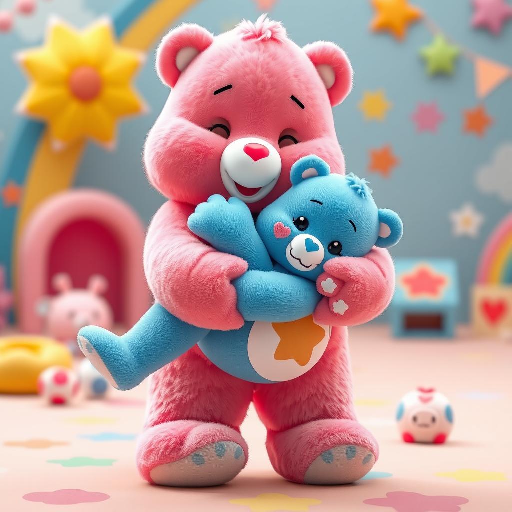 A full-body image of a pink Care Bear joyfully holding a blue Care Bear, ensuring all limbs of both characters are visible
