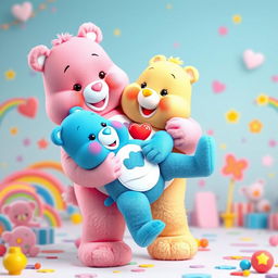A full-body image of a pink Care Bear joyfully holding a blue Care Bear, ensuring all limbs of both characters are visible