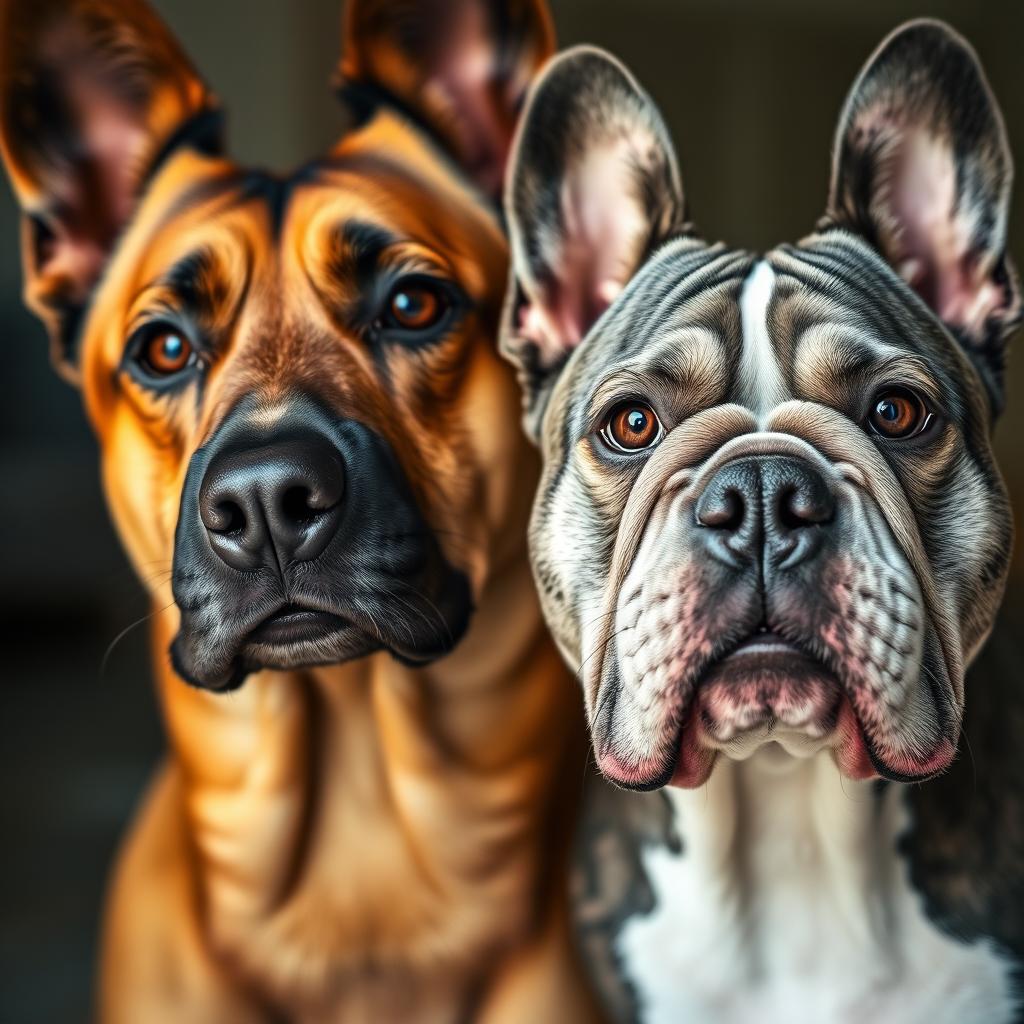 A striking close-up portrait of a brown Belgian Malinois and a gray and white Blumerle French Bulldog, focused on half of each dog’s face