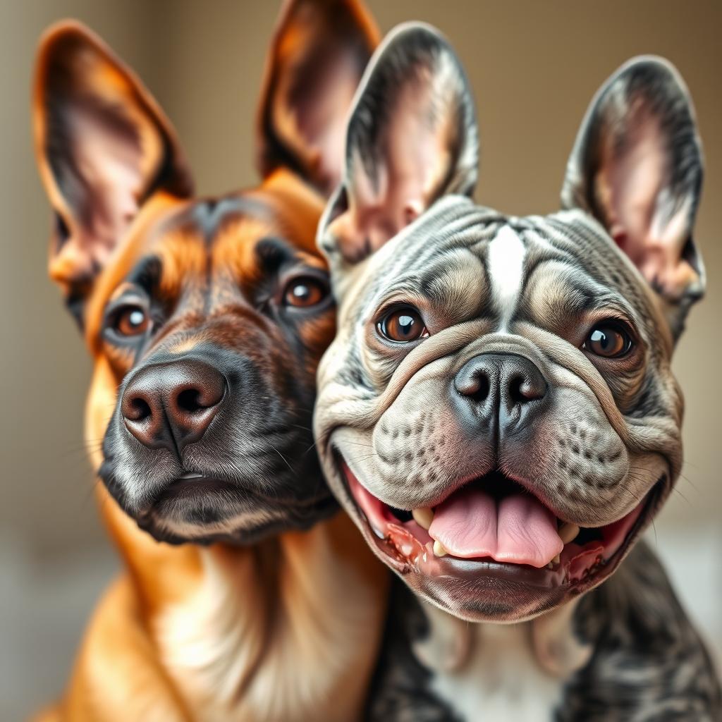 A delightful close-up portrait showcasing the happy faces of a brown Belgian Malinois and a gray and white Blumerle French Bulldog, focused on half of each dog's face