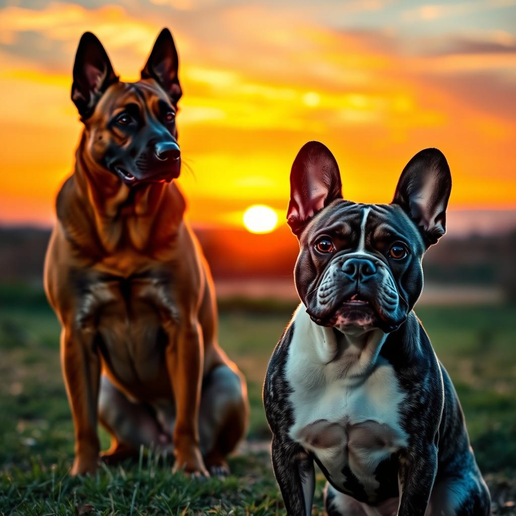 A beautiful scene depicting a brown Belgian Malinois and a gray and white Blumerle French Bulldog during a vibrant sunset
