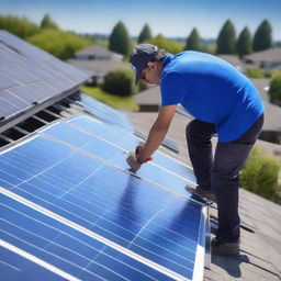 A person skillfully installing a solar panel on a sunny day with a clear blue sky, rooftops, and tools around.