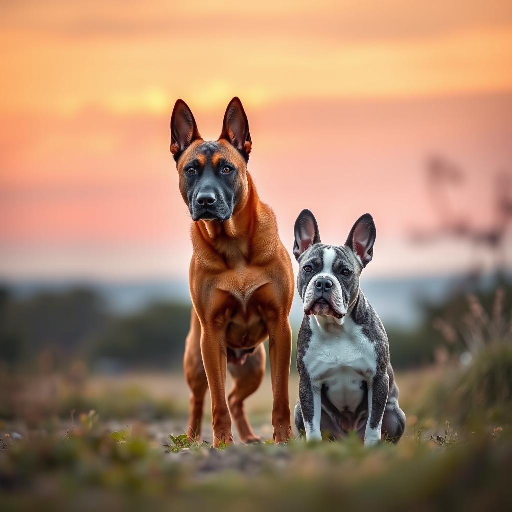A scenic image capturing the beauty of a brown Belgian Malinois and a gray and white Blumerle French Bulldog during a tranquil sunrise