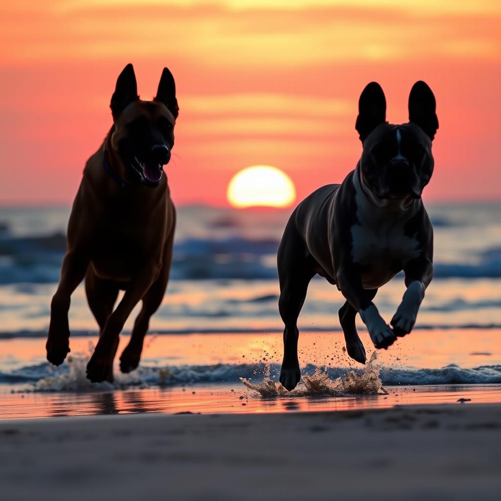A stunning silhouette image of a brown Belgian Malinois and a gray and white Blumerle French Bulldog joyfully running along the seashore at sunset