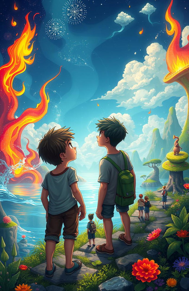 Two teenage boys looking into the distance in a mystical, colorful, and animated fantasy world