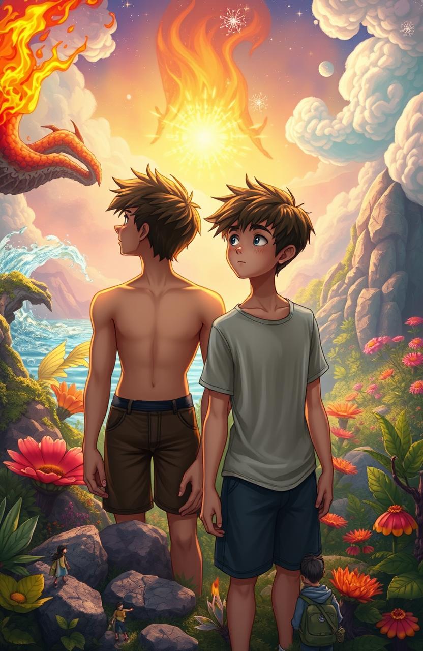 Two teenage boys looking into the distance in a mystical, colorful, and animated fantasy world