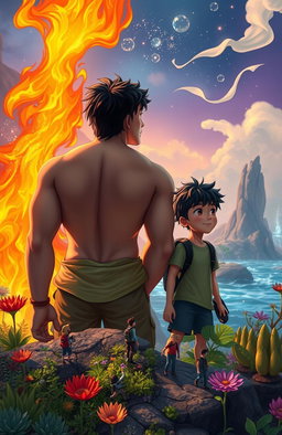 Two teenage boys looking into the distance in a mystical, colorful, and animated fantasy world