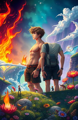 Two teenage boys looking into the distance in a mystical, colorful, and animated fantasy world