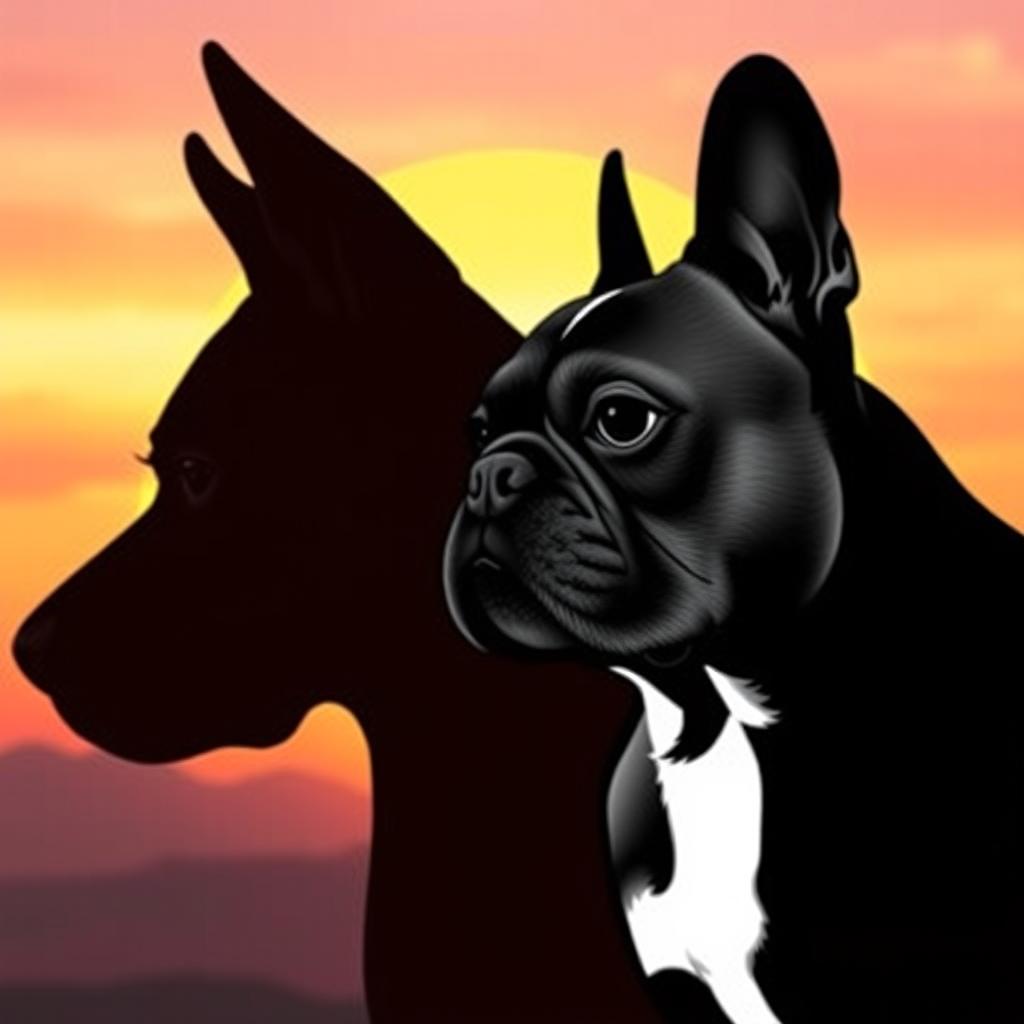 An artistic silhouette of a brown Belgian Malinois and a gray and white Blumerle French Bulldog, captured in a half-face profile view