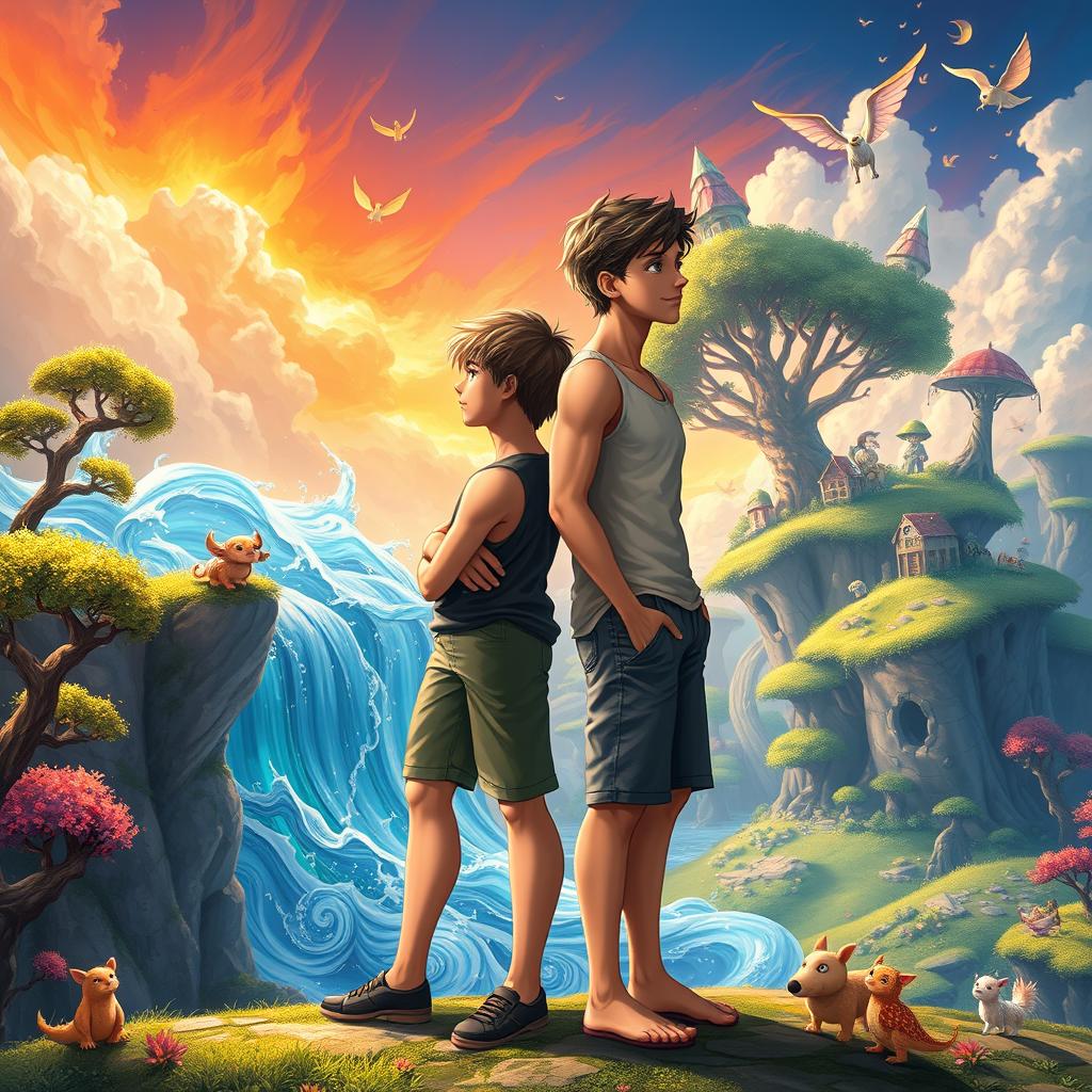 Two teenage boys standing side by side looking into the distance