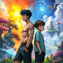 Two teenage boys standing side by side looking into the distance