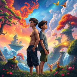 Two teenage boys standing side by side looking into the distance